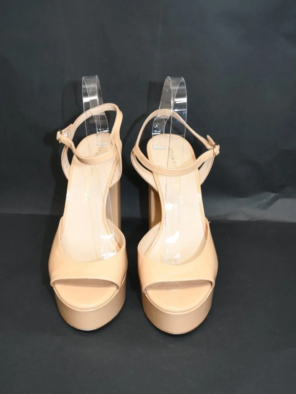 $625 STUART WEITZMAN Reade Platform Sandal ADOBE PATENT NUDE 9 (PD2)